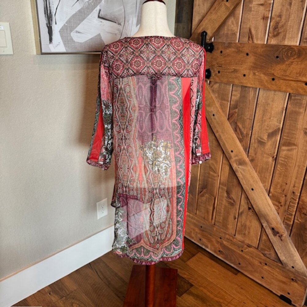 Fig and Flower Sheer Boho Tunic Blouse Paisley Patchwork Print Size L - Picture 6 of 12